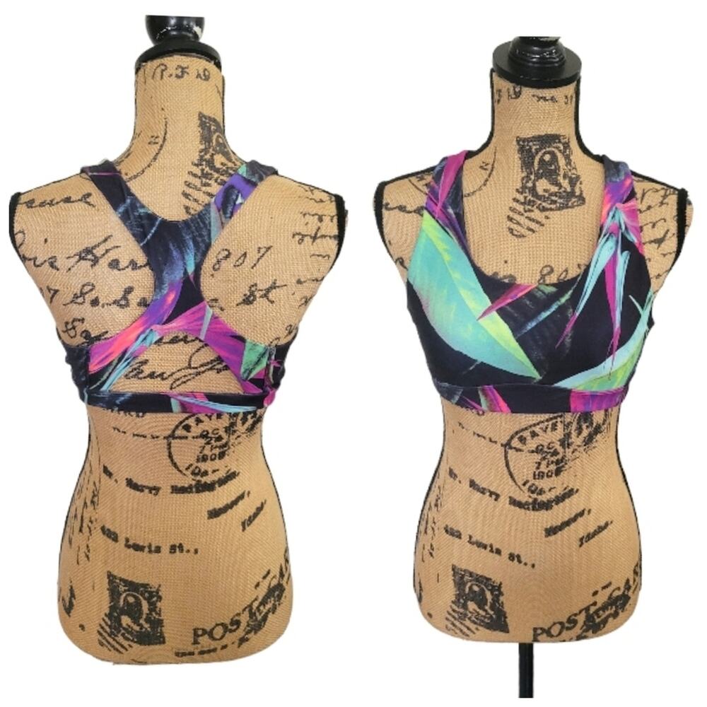 Small DSG tropical print racer back sports bra, black purple pink green blue